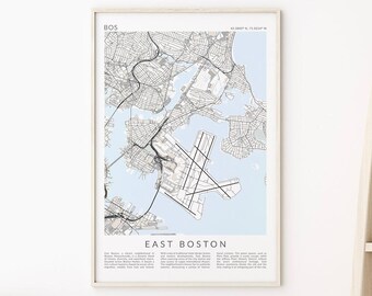 Impresión de mapas de East Boston, cartel de viaje de East Boston, impresión de East Boston, cartel de East Boston, arte de la pared de Boston, mapa de Boston Massachusetts