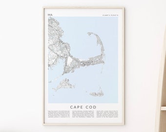 Cape Cod Map Print, Cape Cod Gift, Cape Cod Decor, Cape Cod Poster, Nantucket Map Print, Martha's Vineyard Map Print, Coastal Decor MA