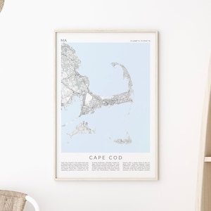 Impression de carte Cape Cod, cadeau Cape Cod, décoration Cape Cod, affiche Cape Cod, impression carte de Nantucket, impression carte Martha's Vineyard, décoration côtière MA