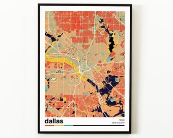 Dallas Map Print, Retro Dallas Poster, Retro Wall Decor, Dallas Texas Wall Art, Texas Wall Decor, Texas Travel Poster, Dallas Gift