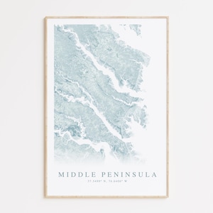 Impression de carte de la Virginie de la péninsule centrale, carte de la baie de Chesapeake, affiche de la rivière Potomac, VA du nord du cou, art mural côtier, cadeau de la péninsule centrale