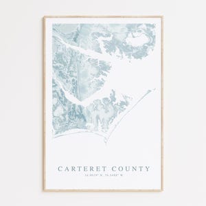 Impression de carte du comté de Carteret en Caroline du Nord, carte du comté de Carteret, cadeau Outer Banks, affiche de carte de la Caroline du Nord, décoration de maison de plage