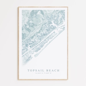 Impression de carte de Topsail Beach en Caroline du Nord, carte de Topsail Beach NC, cadeau de hunier, affiche de carte de Caroline du Nord, côte de la Caroline, art de la maison de plage