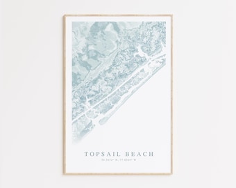Topsail Beach North Carolina Map Print, Map of Topsail Beach NC, Topsail Gift, North Carolina Map Poster, Carolina Coast, Beach House Art