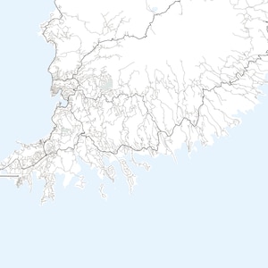 May include: A black and white map of a coastal area with many roads and waterways. The map shows a large peninsula with a smaller peninsula extending from the bottom left corner.