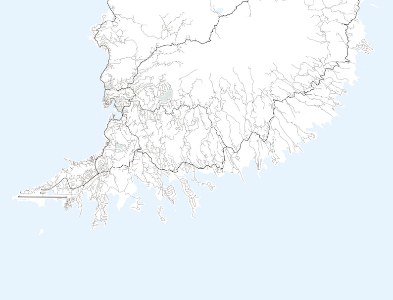 May include: A black and white map of a coastal area with many roads and waterways. The map shows a large peninsula with a smaller peninsula extending from the bottom left corner.