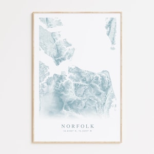 Impression de carte de Norfolk en Virginie, carte de Norfolk, Norfolk VA Art, Art de la baie de Chesapeake, art mural côtier, cadeau Virginia Beach