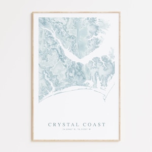 Impression de carte de Crystal Coast en Caroline du Nord, carte de Crystal Coast NC, cadeau de l'île d'émeraude, affiche de carte de la Caroline du Nord, côte de la Caroline, maison de plage