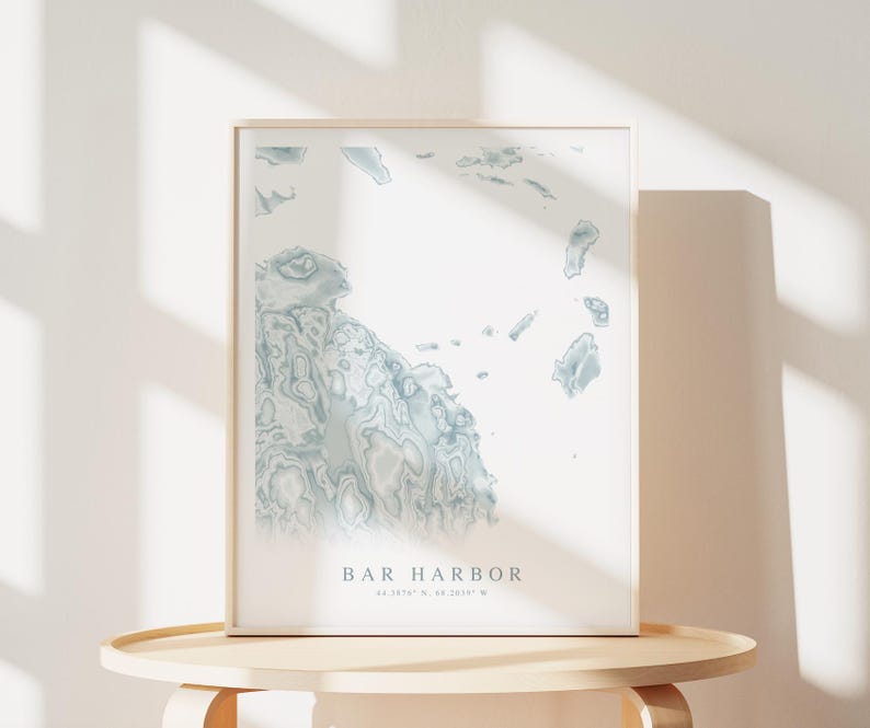May include: A framed print of a blue and white map of Bar Harbor, Maine. The map shows the coastline and surrounding islands. The text "Bar Harbor" and the coordinates "44.3874&deg; N, 68.2039&deg; W" are printed below the map.