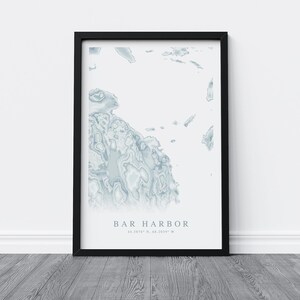 May include: A black framed print of a blue and white topographic map of Bar Harbor, Maine. The print includes the coordinates 44.3676&deg; N, 68.2054&deg; W.