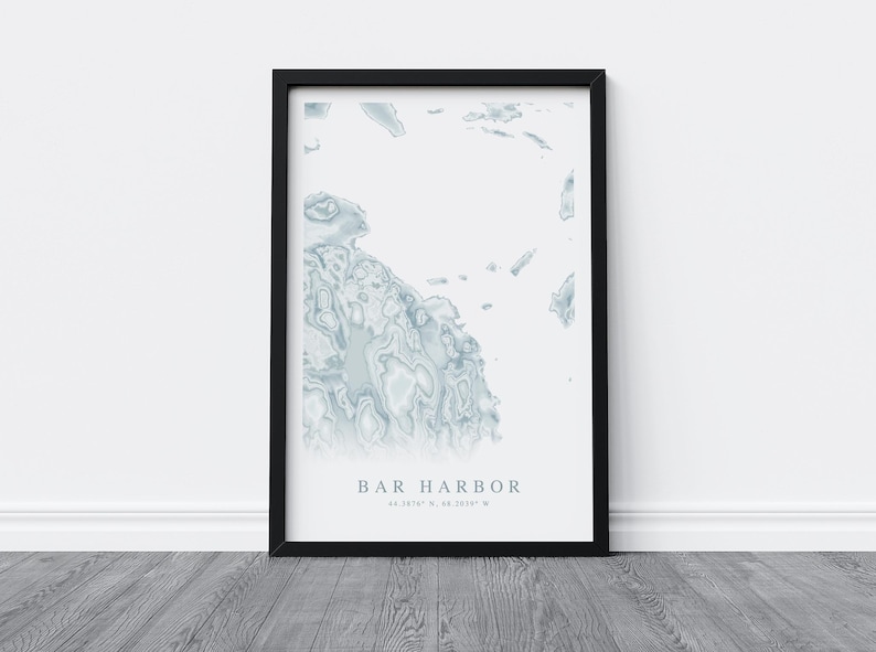 May include: A black framed print of a blue and white topographic map of Bar Harbor, Maine. The print includes the coordinates 44.3676&deg; N, 68.2054&deg; W.