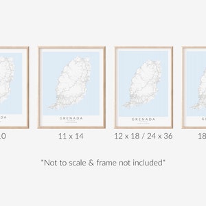 May include: Four framed prints of a map of Grenada, each with a different size: 8x10 inches, 11x14 inches, 12x18 inches/24x36 inches, and 18x24 inches. The text "GRENADA" is printed below the map on each print. The text "Not to scale & frame not included" is printed below the prints.
