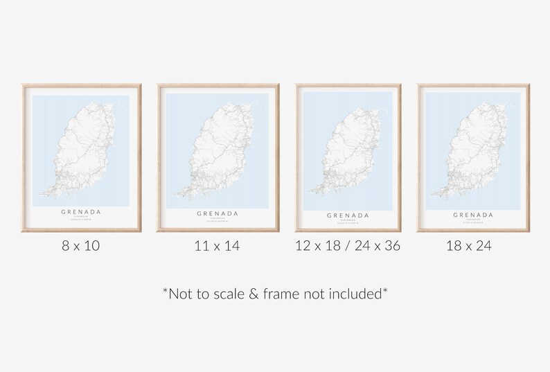May include: Four framed prints of a map of Grenada, each with a different size: 8x10 inches, 11x14 inches, 12x18 inches/24x36 inches, and 18x24 inches. The text "GRENADA" is printed below the map on each print. The text "Not to scale & frame not included" is printed below the prints.