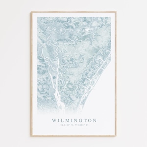 Impression de carte de Wilmington en Caroline du Nord, carte de Wilmington, Caroline du Nord, cadeau Wilmington, affiche de carte de Caroline du Nord, côte de la Caroline, décoration de maison de plage