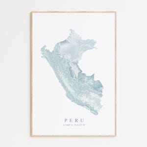 May include: A minimalist print of a blue and white topographic map of Peru. The map is framed in a light wood frame and includes the coordinates 9.1000° S, 75.0152° W.