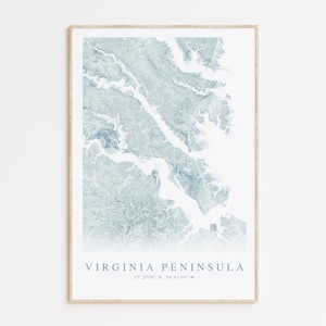 Impression de carte de la péninsule de Virginie, carte de la baie de Chesapeake, affiche de la rivière Potomac, péninsule de Virginie, Virginie, art mural côtier, cadeau de la péninsule de Virginie
