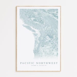 Impression de carte du nord-ouest du Pacifique, carte du nord-ouest du Pacifique, cadeau de Puget Sound, impression de carte de Washington, cadeau de l'Oregon, affiche de Vancouver, côte ouest des États-Unis