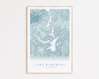Impresión del mapa del lago Hartwell, arte del lago