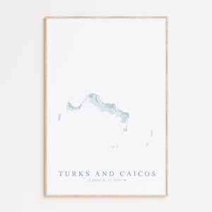 Impression de carte des îles Turks et Caicos, carte des îles Turks et Caicos, cadeau maison de plage des Caraïbes, art mural des Caraïbes, décoration de maison de plage, cadeau îles Turks et Caicos