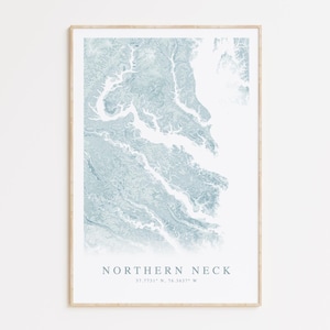 Impression de carte de la Virginie du Nord du cou, carte de la baie de Chesapeake, affiche de la rivière Potomac, VA du nord du cou, art mural côtier, cadeau de la baie de Chesapeake