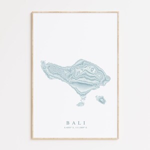 May include: A framed print of a topographic map of Bali, Indonesia. The map is in shades of blue and white, with the island's coastline and mountains depicted in detail. The text "BALI 8.4097° S, 115.1880° E" is printed below the map.