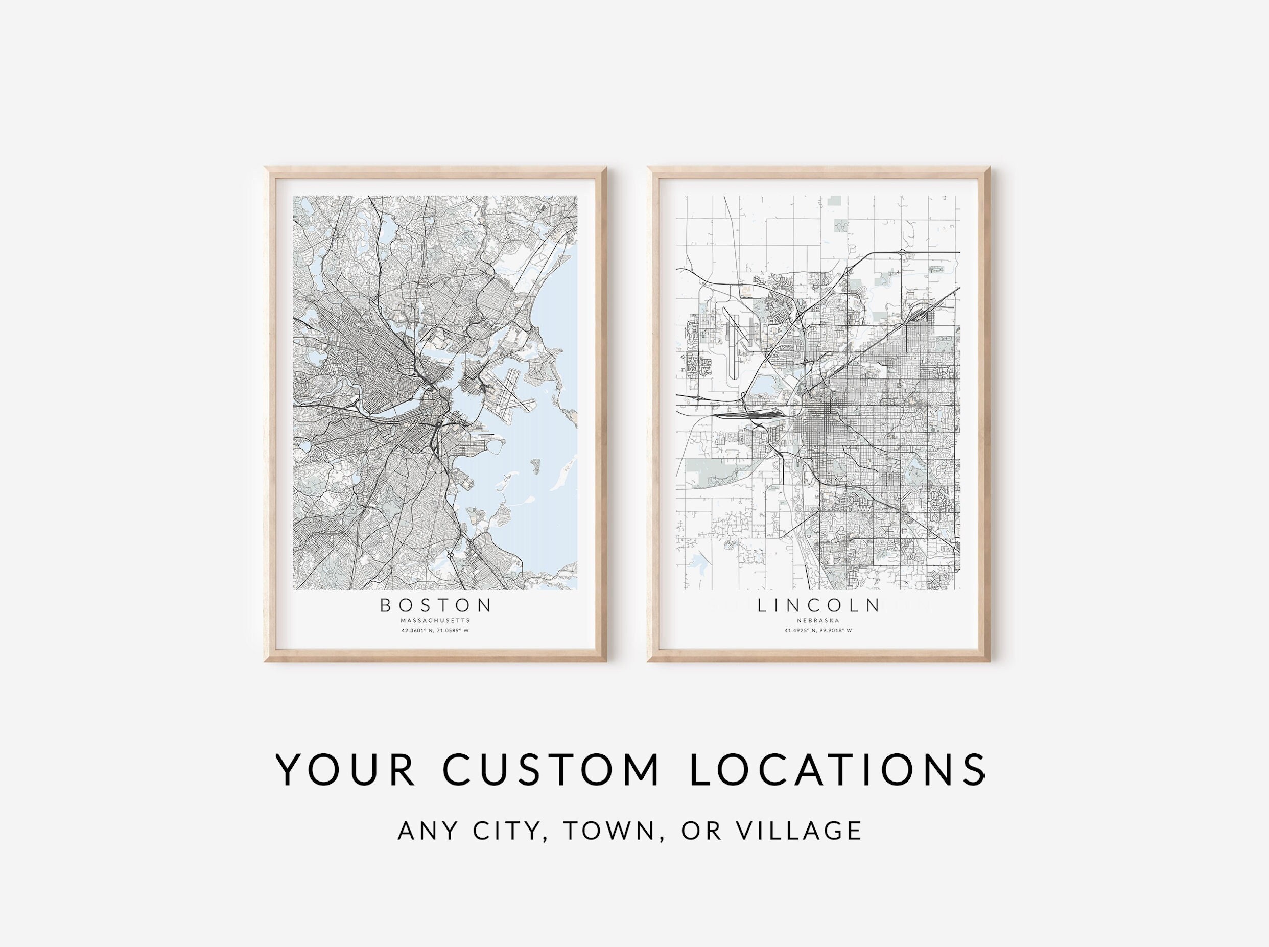 Set of 2 Custom Map, Set of 2 Customizable Map Art, Map Art, City Maps ...