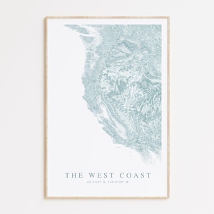 Impression de carte de la côte ouest, cadeau maison de la Californie, cadeau plage de la Californie, carte de l'Oregon, décoration de l'État de Washington, affiche de la côte ouest, art mural plage