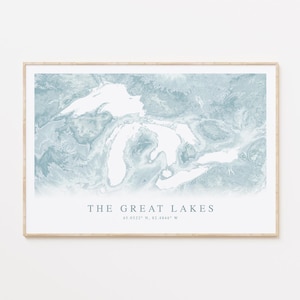 Impression de carte des Grands Lacs, art mural Grands Lacs, art mural maison du lac, lac Michigan, lac Supérieur, lac Huron, lac Érié, art du lac Ontario
