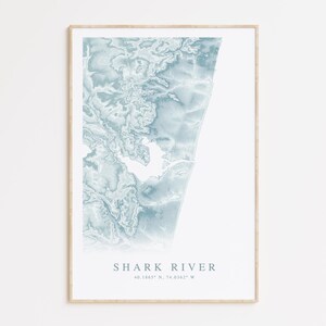 May include: A framed print with a watercolour map of Shark River in blue and white hues. The title "SHARK RIVER" is printed at the bottom, along with the coordinates 40.1865° N, 74.0342° W.