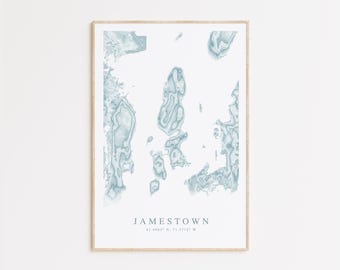 May include: A blue and white topographic map print of Jamestown, New York. The print features the text "JAMESTOWN" and the coordinates "42.1489° N, 79.2312° W".