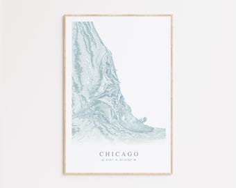 Impresión de mapa de Chicago, mapa de Chicago, Illinois, arte de Chicago, arte del lago Michigan, arte mural costero, regalo de Chicago, regalo de Illinois, póster de Chicago