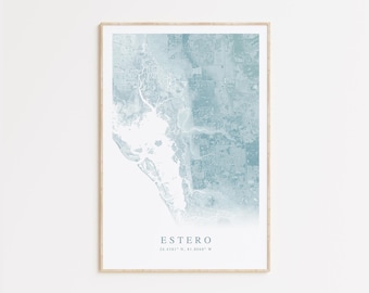Impresión de mapa de Estero, Florida, mapa de Estero, regalo para el hogar en la playa de Florida, arte de pared de Florida, decoración de casa de playa, arte de pared playero