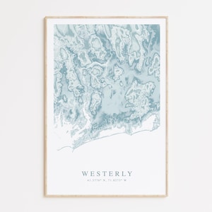 May include: A framed print of a blue and white abstract map of Westerly, Rhode Island. The print includes the coordinates 41.3758° N, 71.8275° W.
