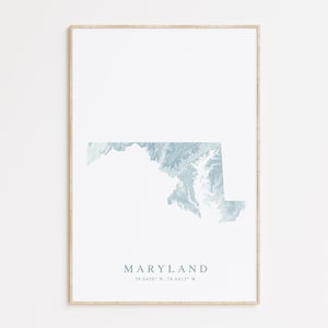 Impression de carte de l'État du Maryland, affiche du Maryland, carte du Maryland, cadeau du Maryland, Baltimore Maryland, affiche de la baie de Chesapeake, cadeau Annapolis MD
