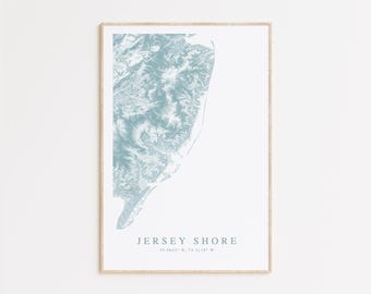 Jersey Shore Map Poster, New Jersey Beach Home Gift, Topographic Map