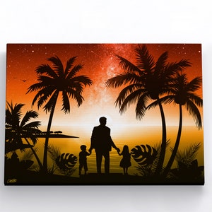 Beach Wall Art | Tropical Wall Art | Canvas Wall Art | Canvas Album Cover Print | 8 Sizes Horizontal | Father with Children Wall Art Island