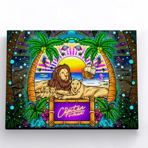 Colorful Beach Wall Art | Lion and  Lioness and Cubs | Tropical Wall Art | Canvas Wall Art | Canvas Album Cover Print