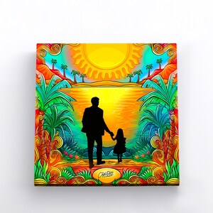 Colorful Beach Wall Art | Tropical Wall Art | Canvas Wall Art | Canvas Album Cover Print | 3 Sizes Square Father & Daughter Wall Art Island