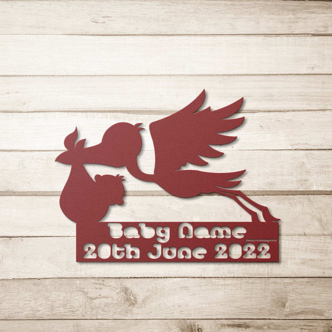 Personalised Baby Birth Cute Metal Sign - Stork Deliverying a Baby ...