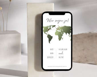 Digital | Save the Date | Hochzeit | Einladung | Wedding | Personalisiert | Modern | Weltkarte | Whatsapp