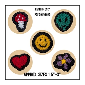 Patrón de apliques de crochet: cara sonriente, hongo, corazón, extraterrestre y flor (patrón PDF)
