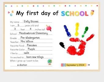 Manualidad imprimible con huella de mano para el primer día de clases, recuerdo para el regreso a clases, entrevista para preescolar de jardín de infantes, cuestionario para el primer día de clases.