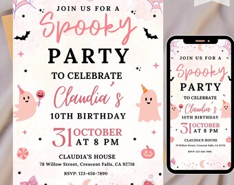 Pink Halloween Birthday Invitation, Pink Spooky Birthday Invitation, Girl Halloween Birthday Invitation, Halloween Ghost Party, Spooky Evite