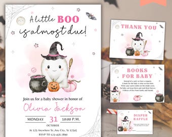 Editable Little Boo Is Almost Due Baby Shower Invitation Bundle, Pink Ghost Halloween Baby Shower Invite, Girl Halloween Baby Shower Invite