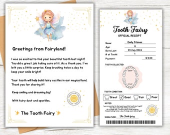 Editable Tooth Fairy Receipt and Letter, Personalized Tooth Fairy, Printable Tooth Fairy Note, First Tooth Certificate, Tooth Keepsake