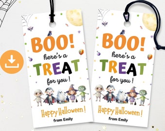 May include: Two printable Halloween treat tags with a white background and colorful illustrations of a group of children dressed as monsters. The text on the tags reads "BOO! here's a TREAT for you! Happy Halloween! from Emily".