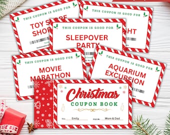 Może przedstawiać: Czerwono-biała książeczka z kuponami świątecznymi z zielono-białą ramką. Książeczka ma tytuł "Christmas Coupon Book" i miejsce na wpisanie "Do:" i "Od:". Kupony są na takie aktywności jak wycieczka do sklepu z zabawkami, noclegowa impreza, maraton filmowy i wycieczka do akwarium.