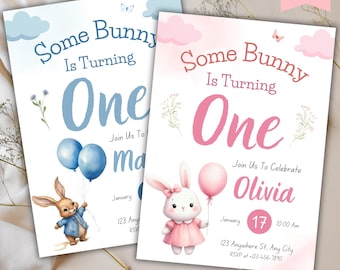 Some Bunny is One Birthday Invitation: Floral Bunny Party (Digital Download)
