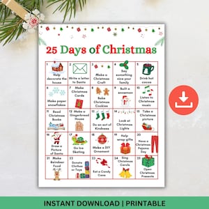 Printable 25 Days of Family Christmas Activities, Christmas Advent Calendar, Kindness Calendar, Holiday Countdown