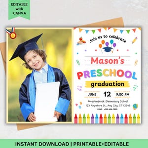Convite para formatura da pré-escola, cartão de anúncio de formatura da pré-escola, convite para festa de formatura do jardim de infância, cartão para cerimônia de formatura